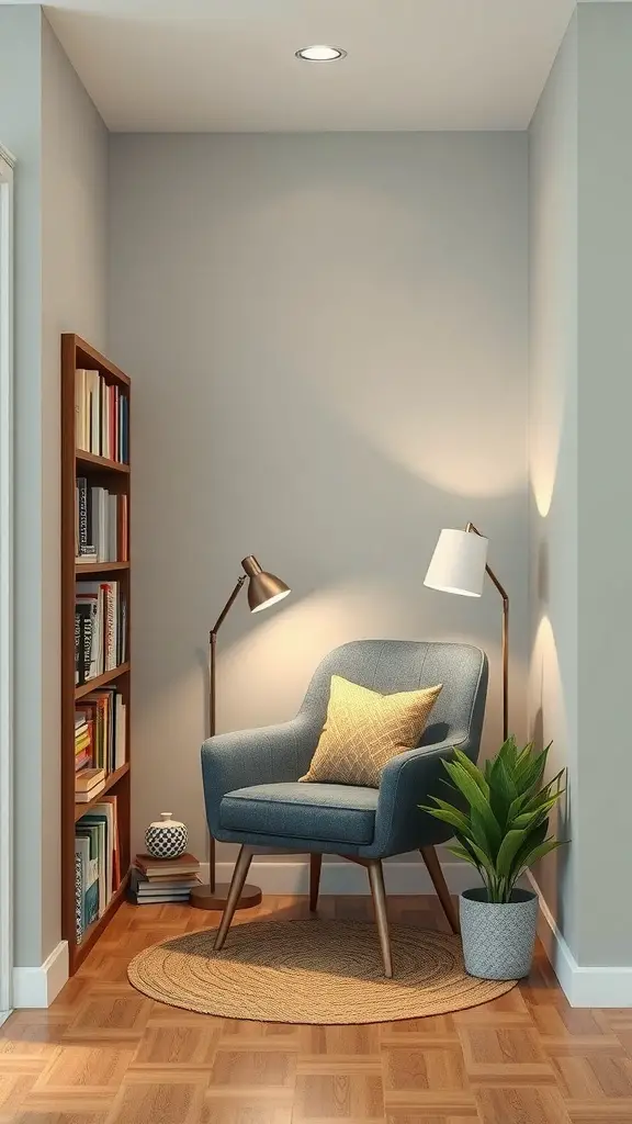 29+ Small Room Makeover Ideas to Maximize Space and Style 7 Cozy reading nook with a blue chair, floor lamp, bookshelf, and plant