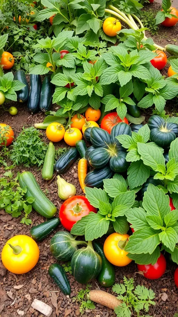 A vibrant edible garden with ripe tomatoes and lush green plants.