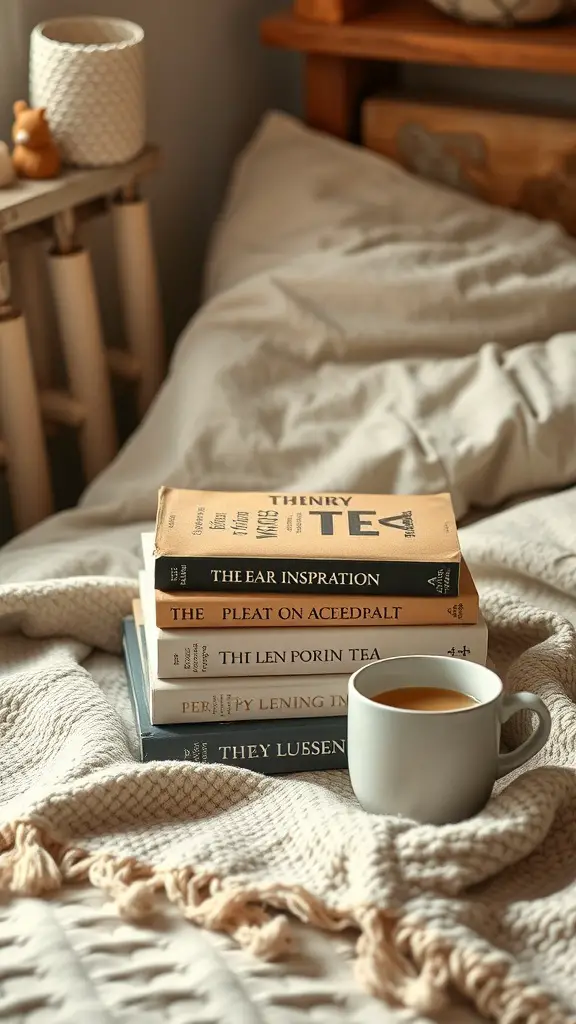 33+ Thoughtful Gifts Your Sister Will Adore 14 A cozy reading setup with a stack of inspirational books and a cup of tea on a bed.