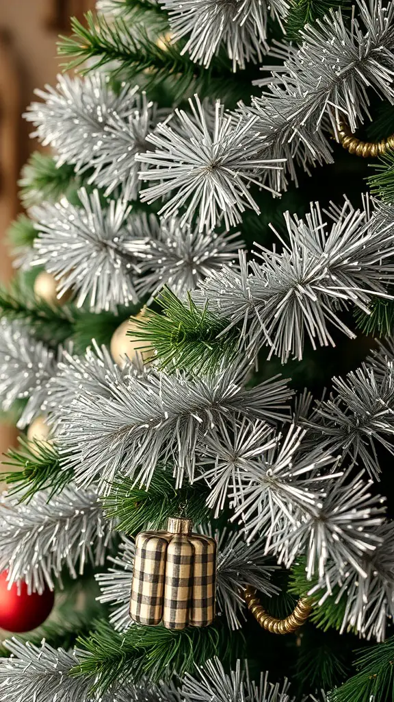 A close-up of a Christmas tree featuring silver tinsel and a plaid ornament.