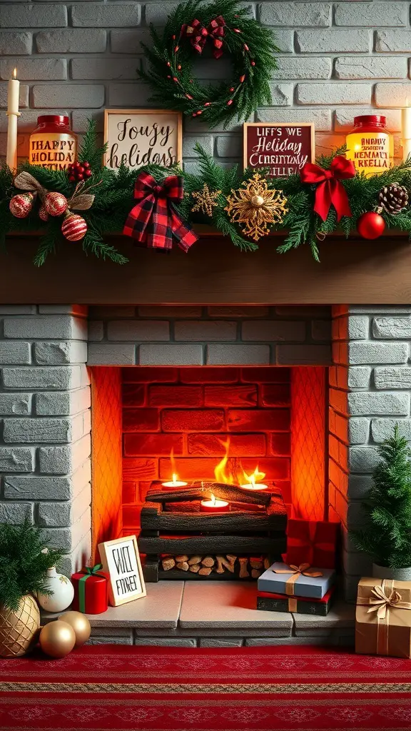 A cozy Christmas fireplace decorated with joyful holiday signs, greenery, and gifts.