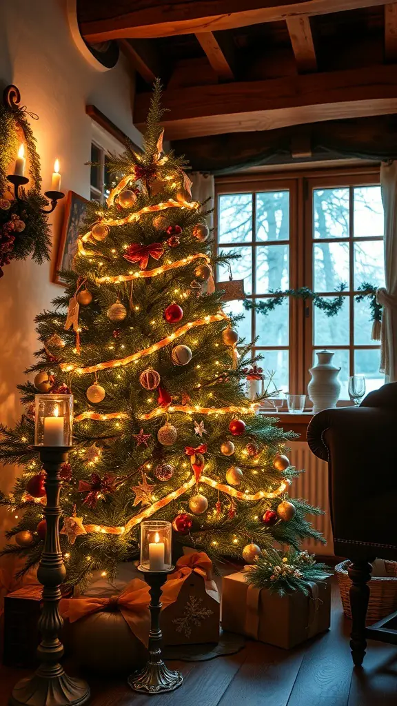 A cozy Christmas tree decorated with lights and ornaments, surrounded by candles and gifts, creating a warm holiday atmosphere.
