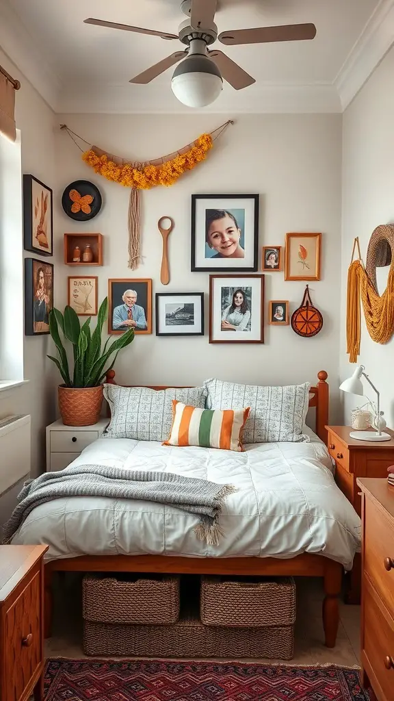 25+ Creative Tiny Guest Bedroom Ideas for a Cozy Space 10 Cozy guest bedroom with a bed, colorful pillows, wall art, and a potted plant.