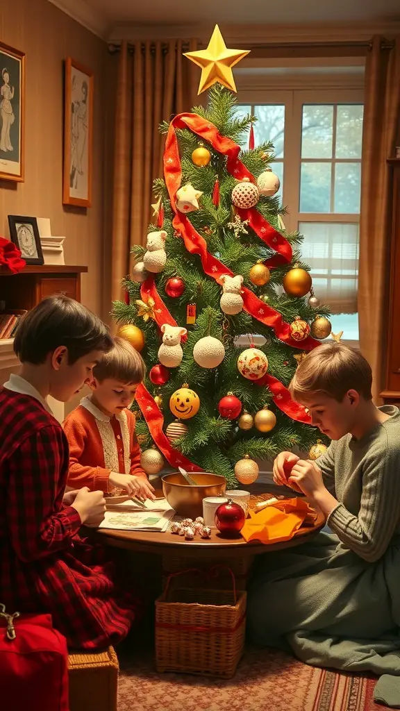 Children making crafts around a Christmas tree in a cozy 1950s setting.