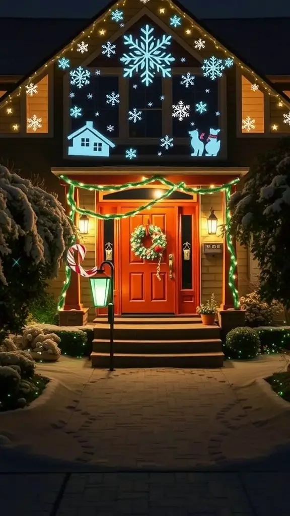 A beautifully decorated house with projection lights displaying snowflakes and festive silhouettes.