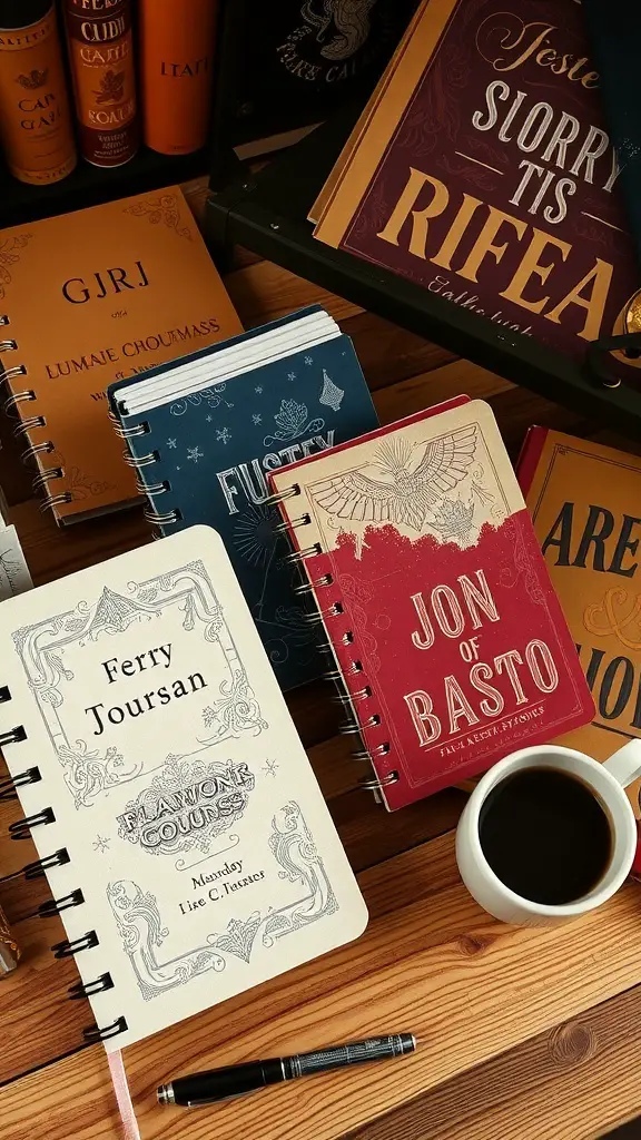 15 Unique Bridesmaid Gift Ideas to Show Your Appreciation 14 A collection of customized journals with various designs and colors on a wooden table.