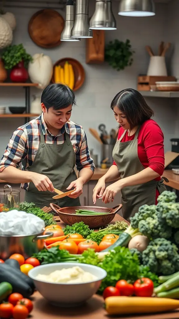 31+ Thoughtful Anniversary Gift Ideas for Every Couple 15 Couple participating in a cooking class, preparing food together in a kitchen filled with fresh ingredients.