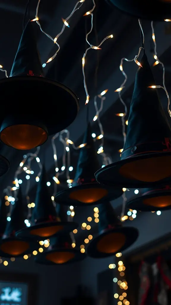 Hanging witch hats with fairy lights
