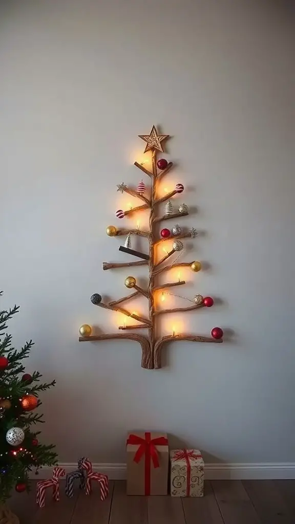 A wall-mounted Christmas tree made from branches, decorated with ornaments and lights, with gifts underneath.