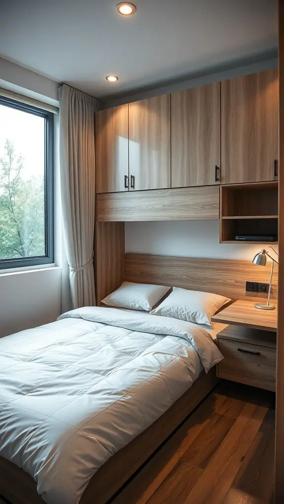 27+ Creative Tiny Bedroom Ideas for Maximum Style and Functionality 9 A cozy tiny bedroom featuring multi-functional furniture, including a bed with storage, a wall-mounted desk, and a compact nightstand.
