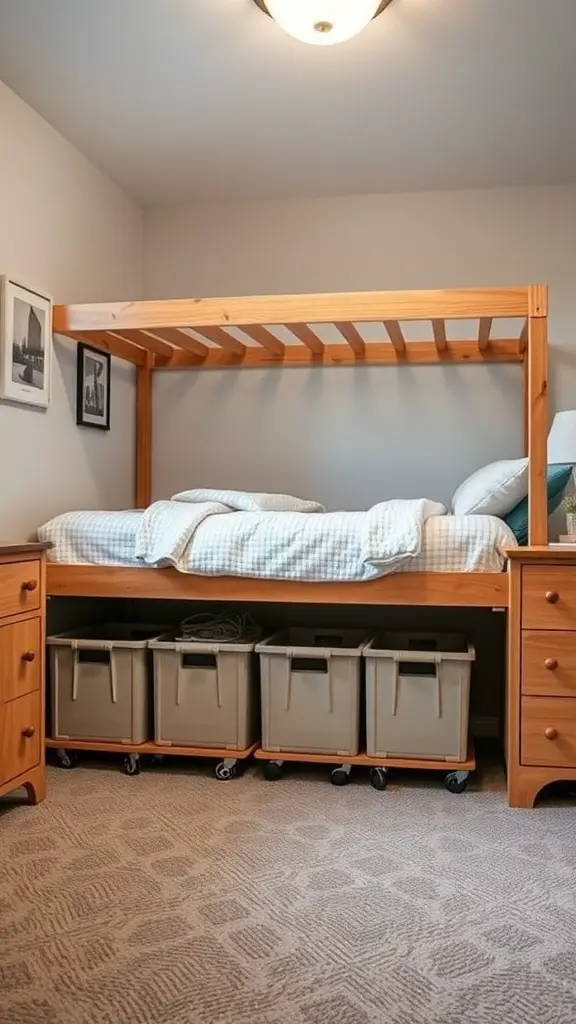 25+ Creative Tiny Guest Bedroom Ideas for a Cozy Space 2 A lofted bed with storage bins underneath in a small guest bedroom.