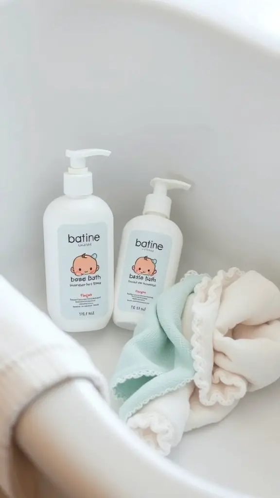 Baby bath essentials set including two bottles of baby wash and a soft washcloth