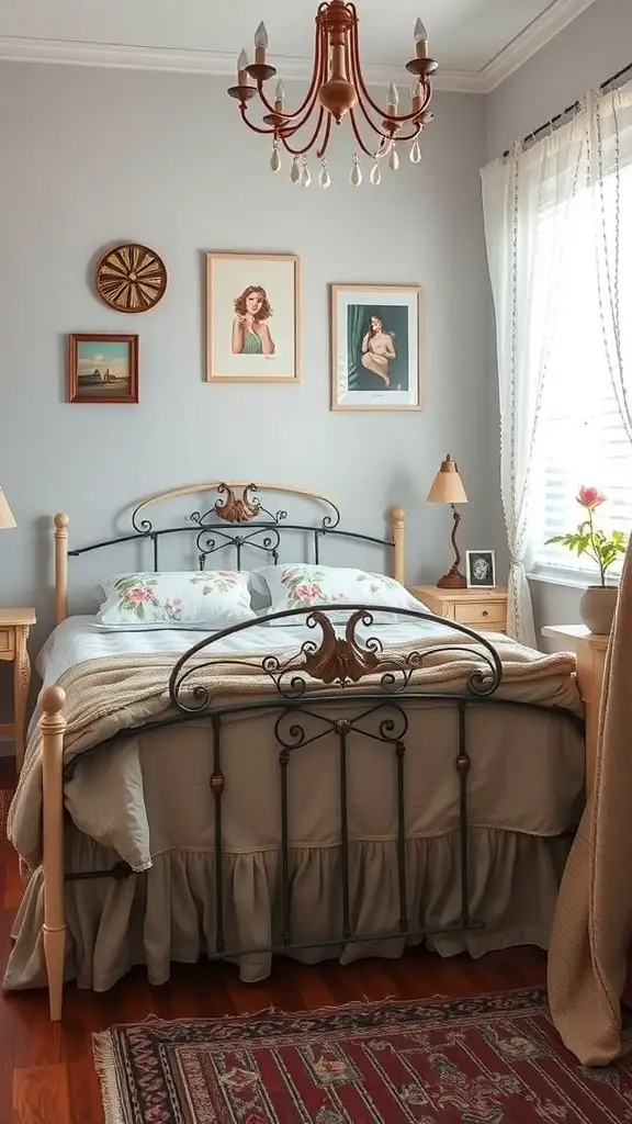 25+ Stylish Bedframe Ideas for Small Rooms 12 A cozy bedroom featuring a vintage metal bed frame with decorative pillows, framed art on the walls, and a chandelier.