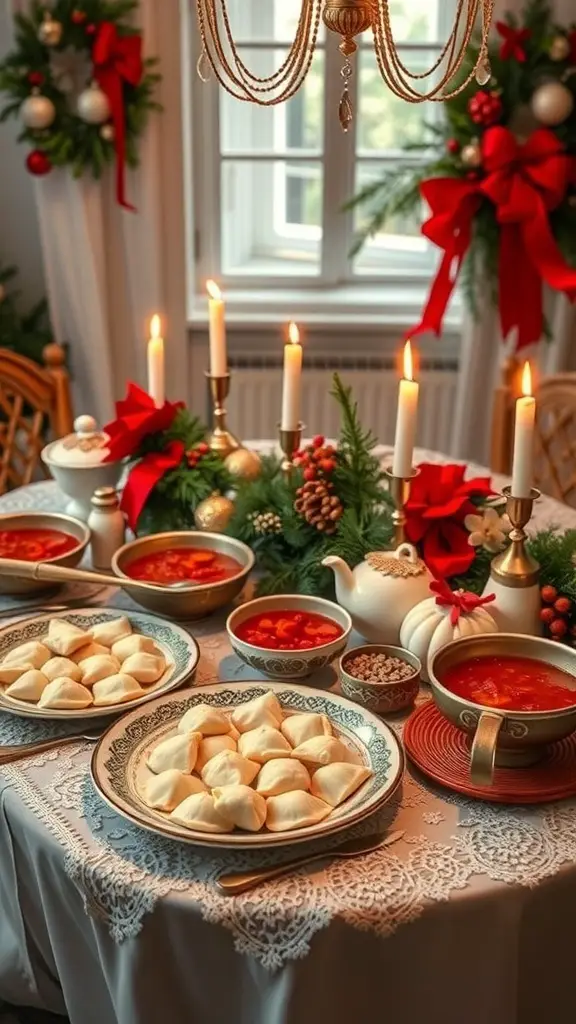 A traditional Polish Christmas table set with dumplings, beet soup, candles, and festive decorations.
