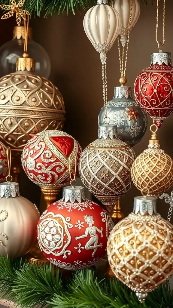 A collection of luxurious Christmas ornaments in various colors and designs, showcasing intricate details and patterns.