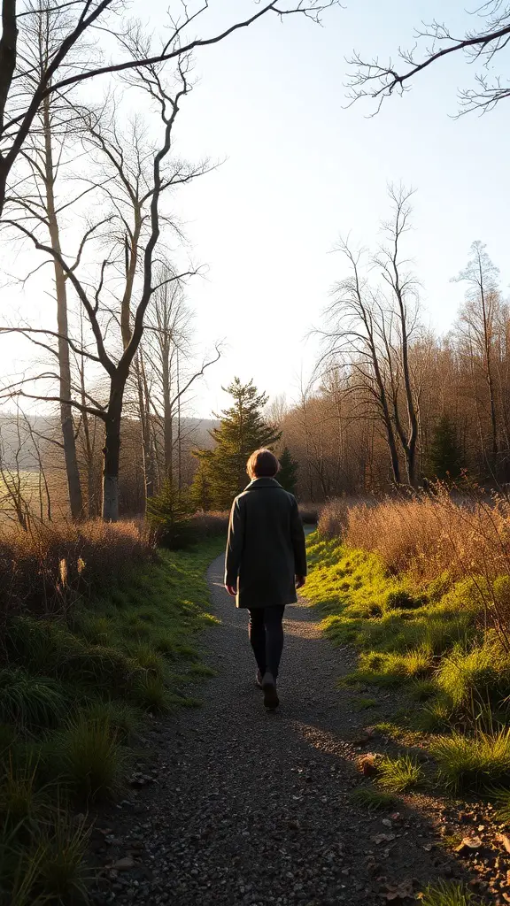 A person walking on a woodland path surrounded by trees and sunlight.