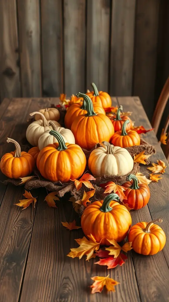 A collection of orange and white pumpkins arranged on a wooden table with autumn leaves.