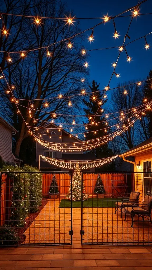 A backyard with twinkling lights overhead, creating a starry night effect, featuring a Christmas tree and smaller trees.