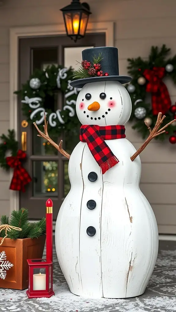 A charming DIY snowman decoration with a black hat, plaid scarf, and twig arms, surrounded by festive decor on a porch.