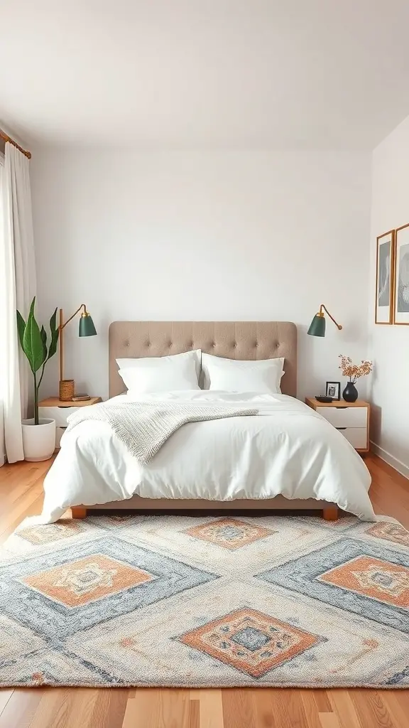 31+ Stylish Bedroom Ideas for Small Rooms 2 A cozy bedroom featuring a bed with white bedding and a colorful area rug.