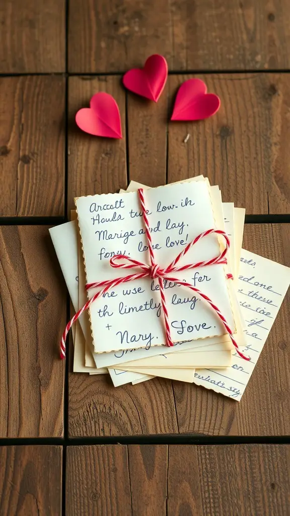 23+ Thoughtful Homemade Gift Ideas for Your Boyfriend 8 A stack of handwritten love letters tied with string, surrounded by heart decorations.