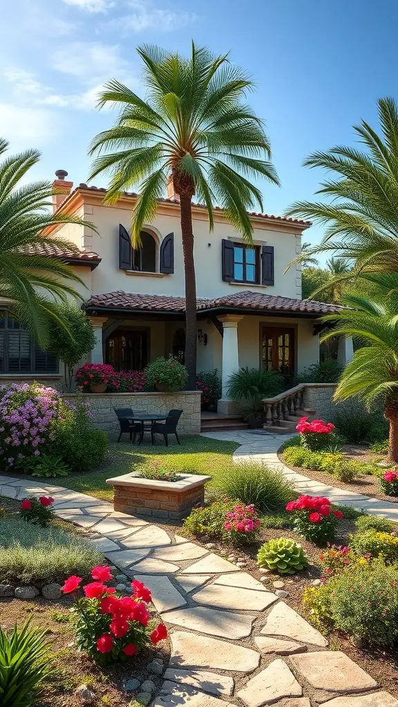 25+ Stunning Spanish Beach House Designs You’ll Love 9 A beautiful Mediterranean garden with palm trees, colorful flowers, and a stone pathway leading to a Spanish beach house.