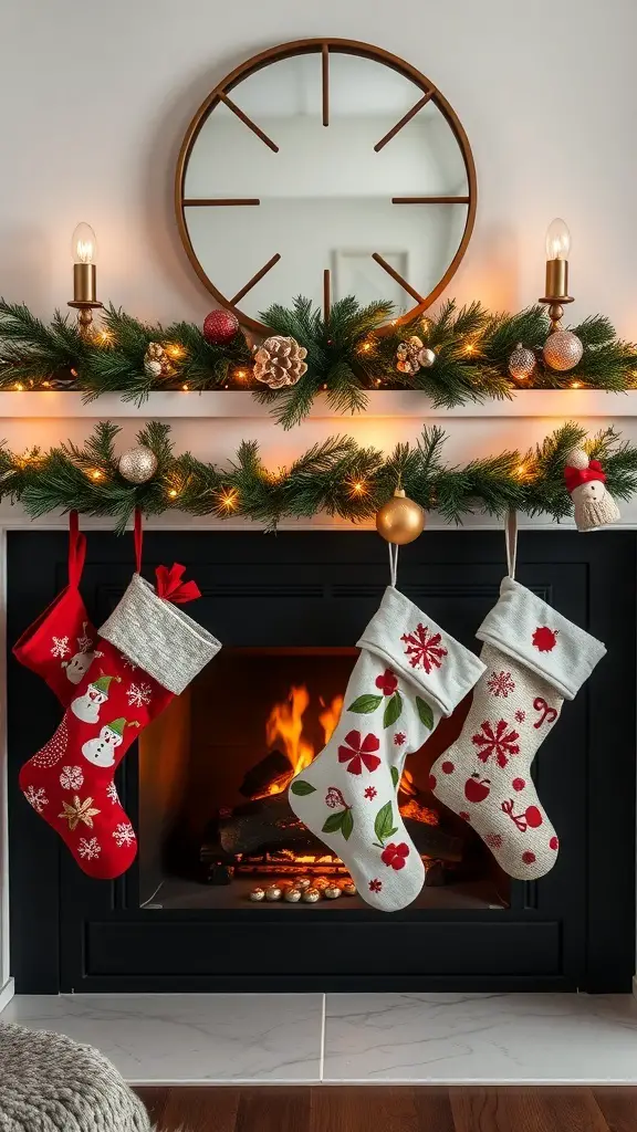 A cozy fireplace scene with three colorful Christmas stockings hanging from a modern mantel decorated with greenery and ornaments.