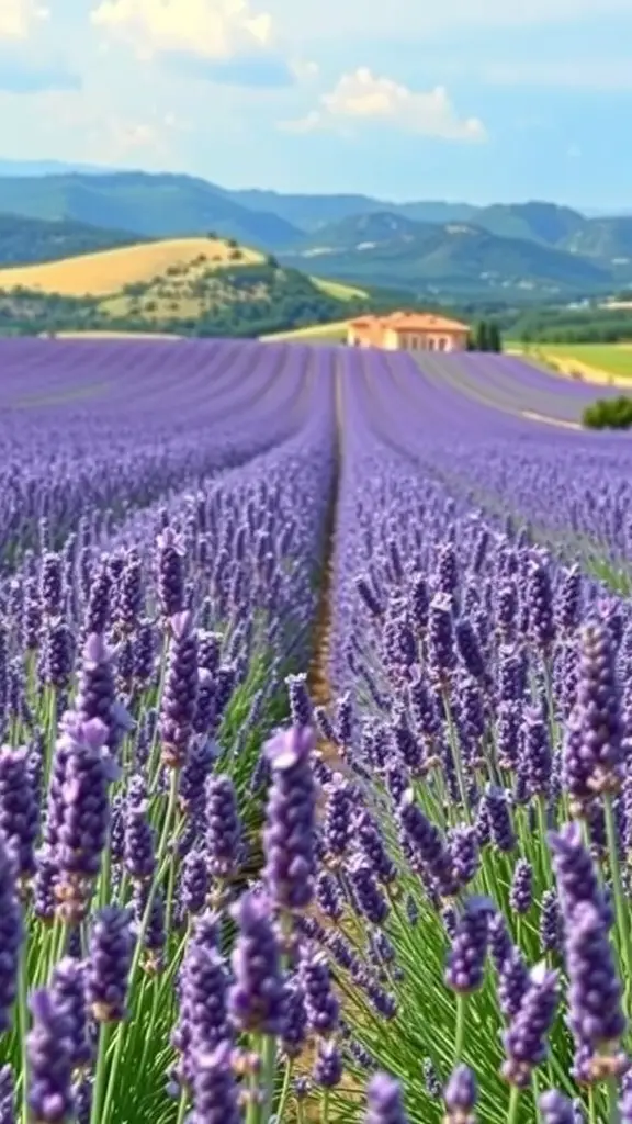29+ Inspiring Tuscan Landscape Design Ideas You’ll Love 9 Lavender fields in full bloom with a farmhouse in the background and rolling hills.