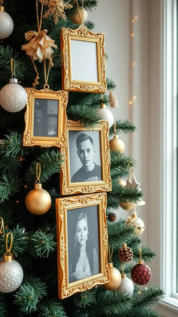 Christmas tree decorated with vintage gold picture frames and ornaments