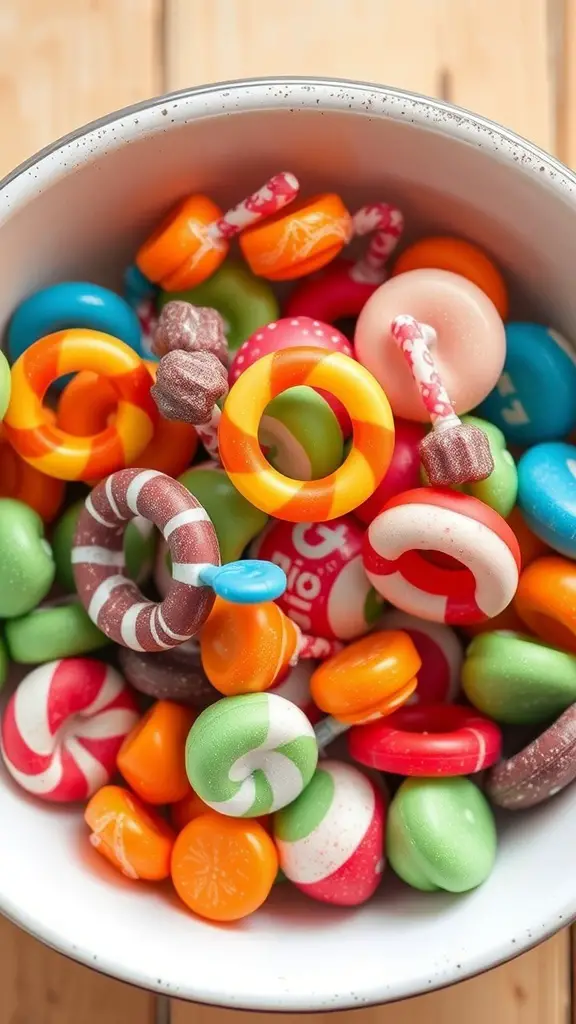 A colorful assortment of retro candies from the 2000s in a bowl.