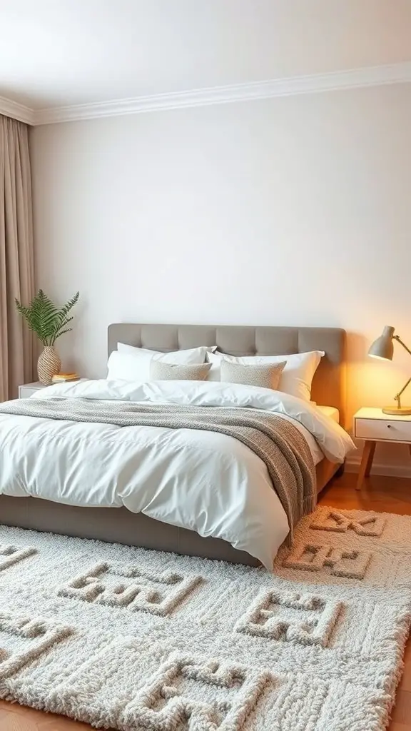 23+ Stunning Rug Design Ideas to Transform Your Space 10 A cozy bedroom featuring a plush, textured rug under a bed with soft bedding and a bedside lamp.