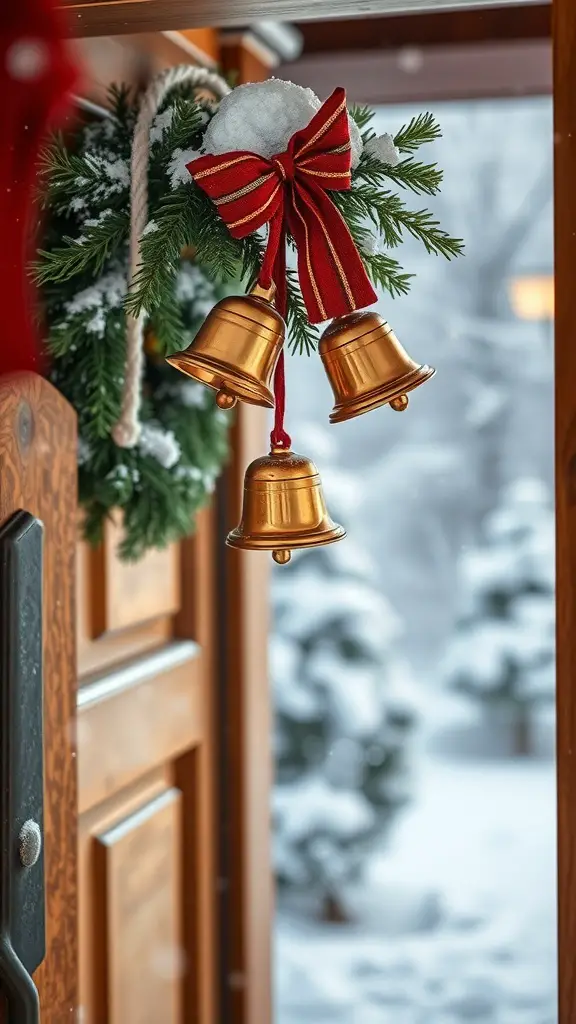 A festive wreath with bells and a red ribbon hanging on a wooden door, with snow-covered trees in the background.