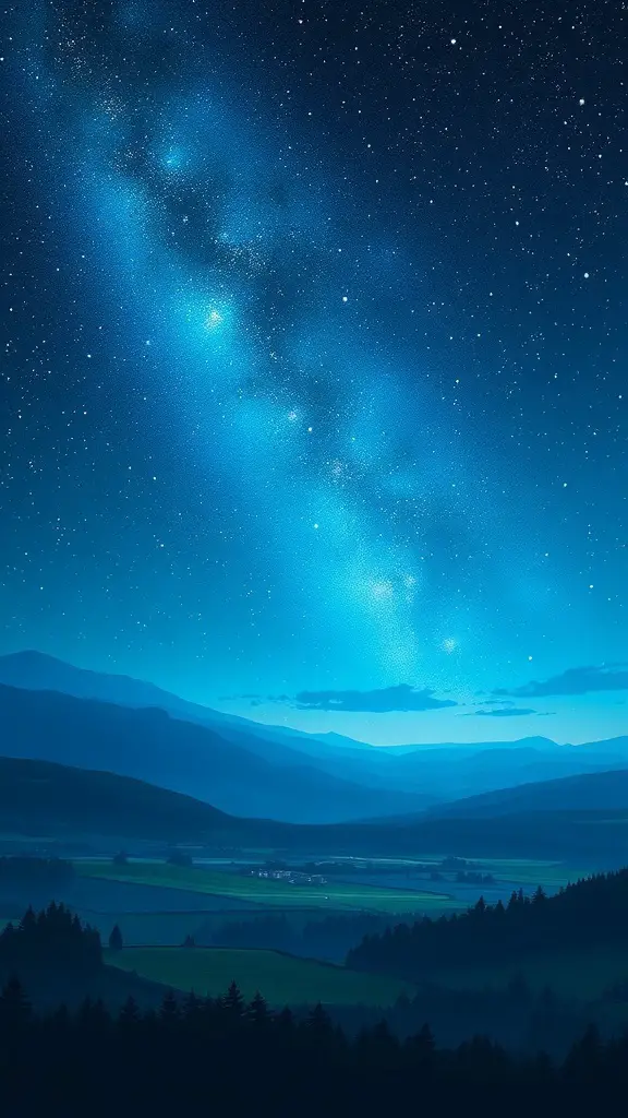 29+ Stunning Landscape Paintings You Need to See 16 A serene night sky filled with stars over rolling hills and a valley.