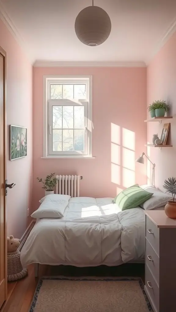 35+ Cozy Tiny Bedroom Ideas for Couples: Maximize Your Space Together 2 A small bedroom with light pink walls, a neatly made bed, and natural light coming through the window.