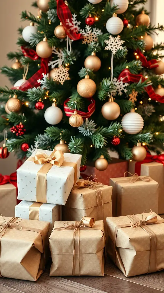 A collection of beautifully wrapped gifts in brown and white under a decorated Christmas tree.