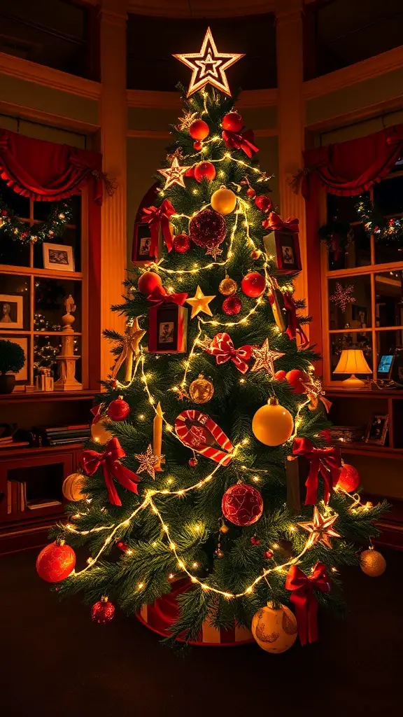 An eclectic Christmas tree decorated with warm lights and colorful ornaments.