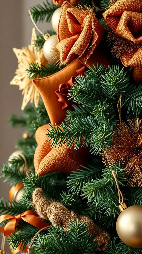 A close-up view of a Christmas tree decorated with brown and gold ornaments and textures.