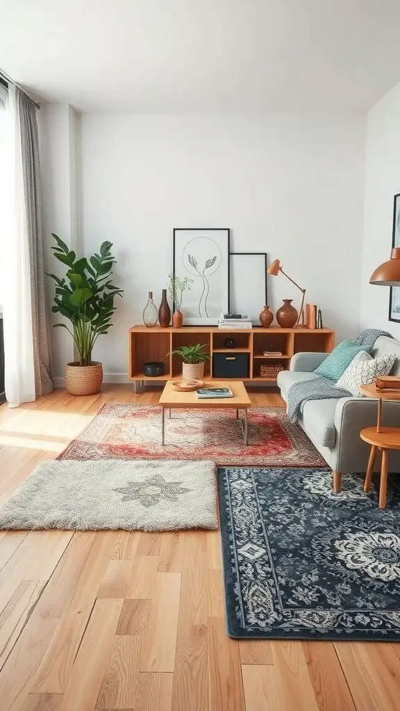 A cozy living room featuring a mix of rugs, showcasing different materials and patterns.