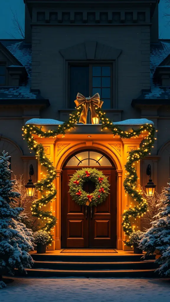 A beautifully decorated mansion entrance for Christmas, featuring a wreath, garlands, and festive lights.