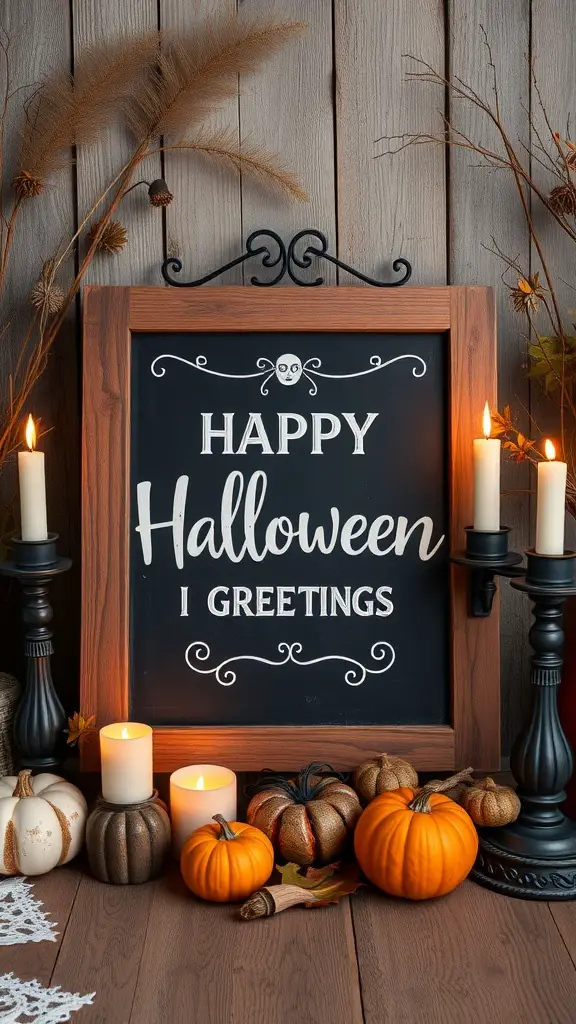 A rustic chalkboard sign that says 'Happy Halloween | Greetings' surrounded by pumpkins and candles.