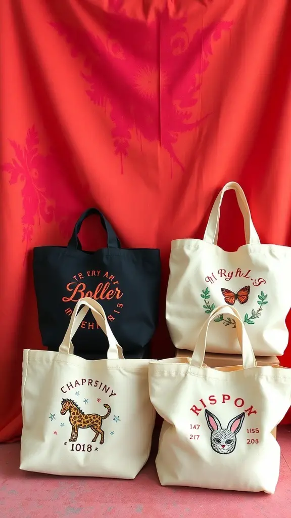 A collection of embroidered tote bags in various designs and colors