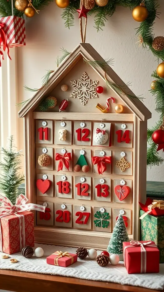 A decorative wooden advent calendar shaped like a house, filled with colorful compartments and surrounded by Christmas decorations.