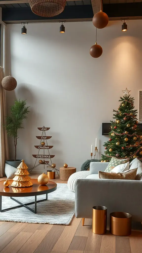 A cozy living room decorated for the holidays with a bronze Christmas tree and matching decor.