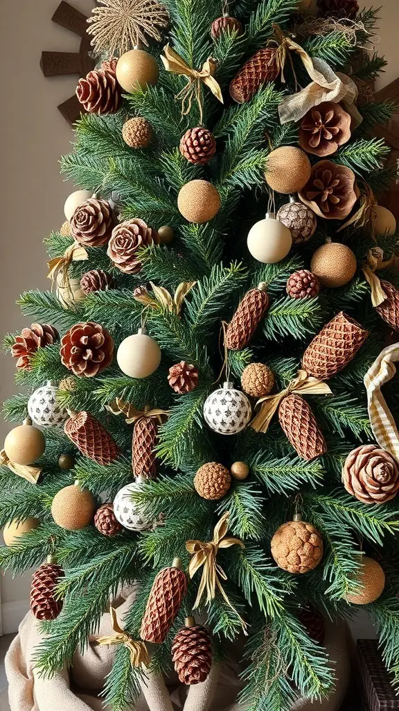 A Christmas tree decorated with natural elements like pine cones and earthy ornaments.