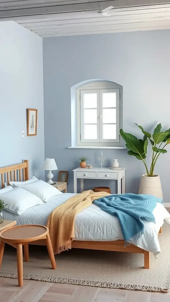 27+ Inspiring Spanish Mediterranean Bedroom Ideas for Your Home 4 A serene Mediterranean bedroom featuring soft blue walls, warm wooden furniture, and cozy textiles.