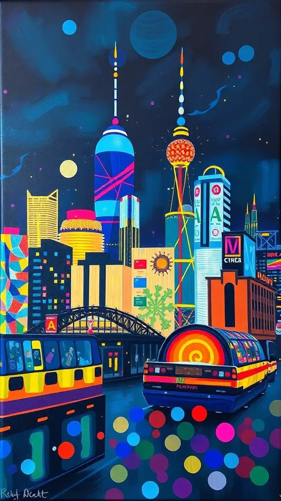 29+ Inspiring Acrylic Painting Ideas to Spark Your Creativity 6 A colorful acrylic painting of a modern cityscape at night with bright buildings and lights.