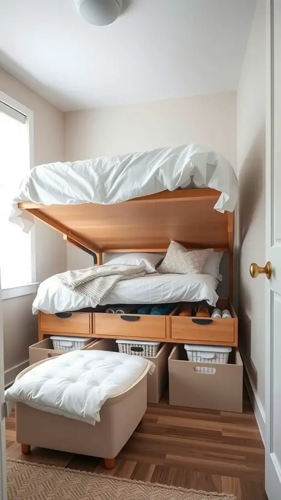 A small bedroom with a bed that has under-bed storage, featuring drawers and baskets for organization.