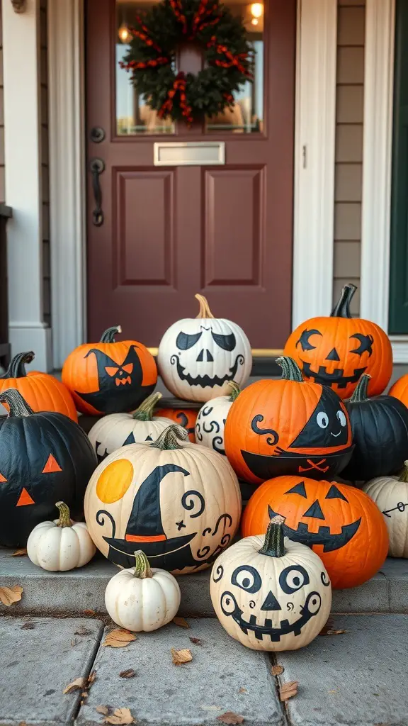 A collection of creatively painted pumpkins in various colors and designs, arranged on a porch.