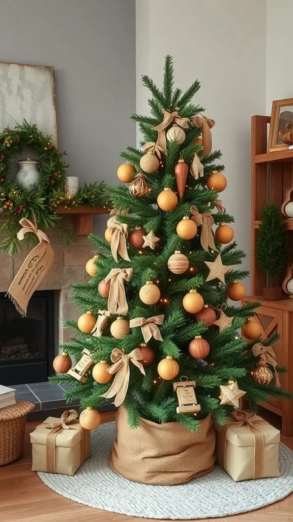 A rustic Christmas tree decorated with wooden ornaments and burlap accents, surrounded by wrapped gifts.