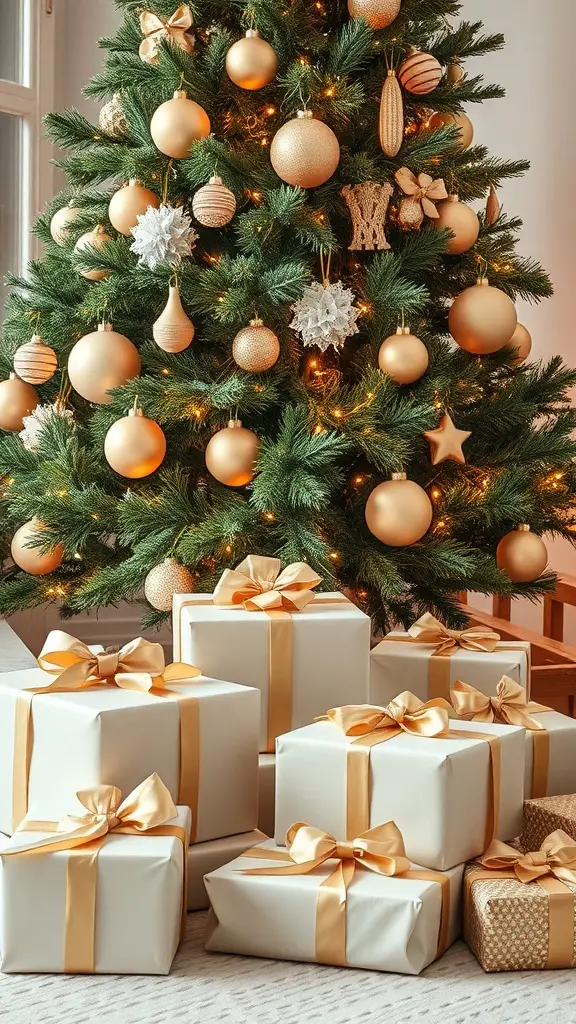 A beautifully decorated Christmas tree with cream and gold ornaments and presents wrapped in cream paper with gold ribbons.